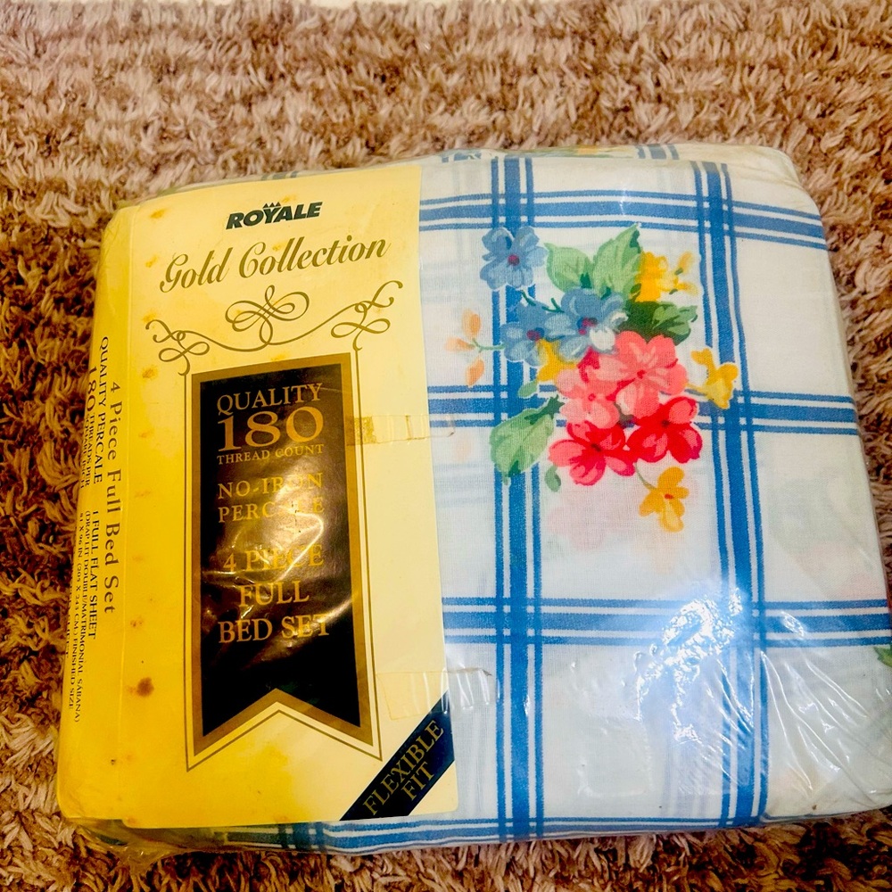 Royale Gold Full 4 Pc Sheet Set 180 Thread Count NOS Pink Rose Blue Stripes vtg